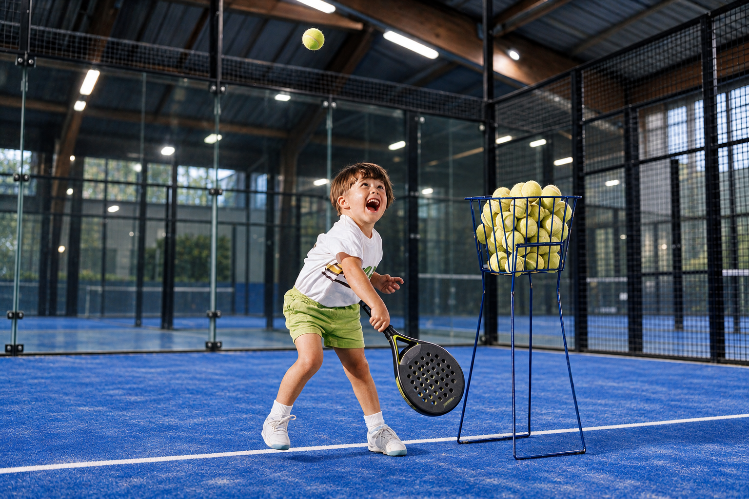 Ein Kind spielt begeistert Padel in der Halle