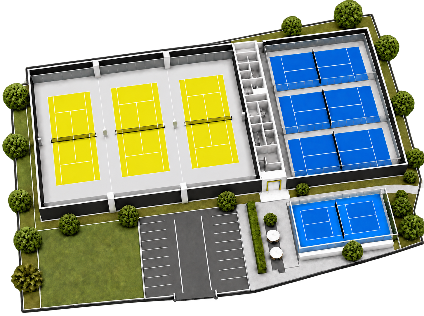 3D-Geländeplan der Racket Arena mit Tennis-, Padel- und Pickleball-Courts, Garderoben, Parkplatz und Grünflächen